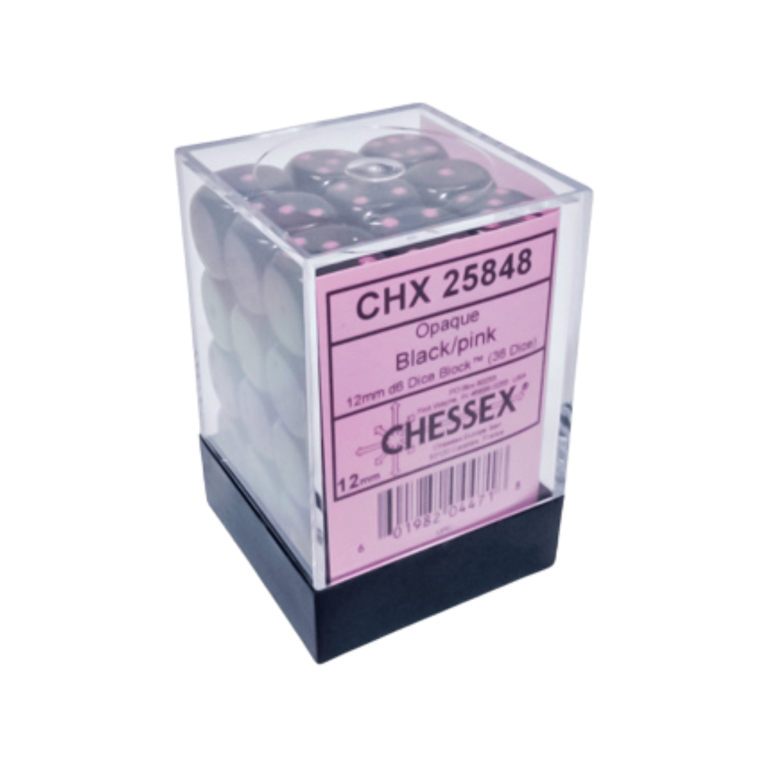 Chessex Dice: Opaque - 12mm D6 Black/Pink (36ct)