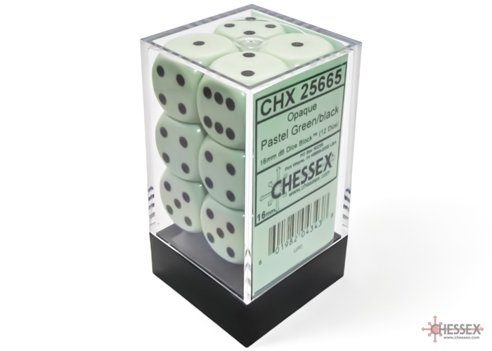 Chessex - Opaque - 16mm d6 - Pastel Green/black (12 Dice)